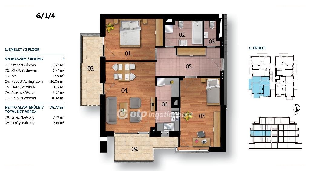 3 bed · 74m² · Lakás · 100.000.000 ft